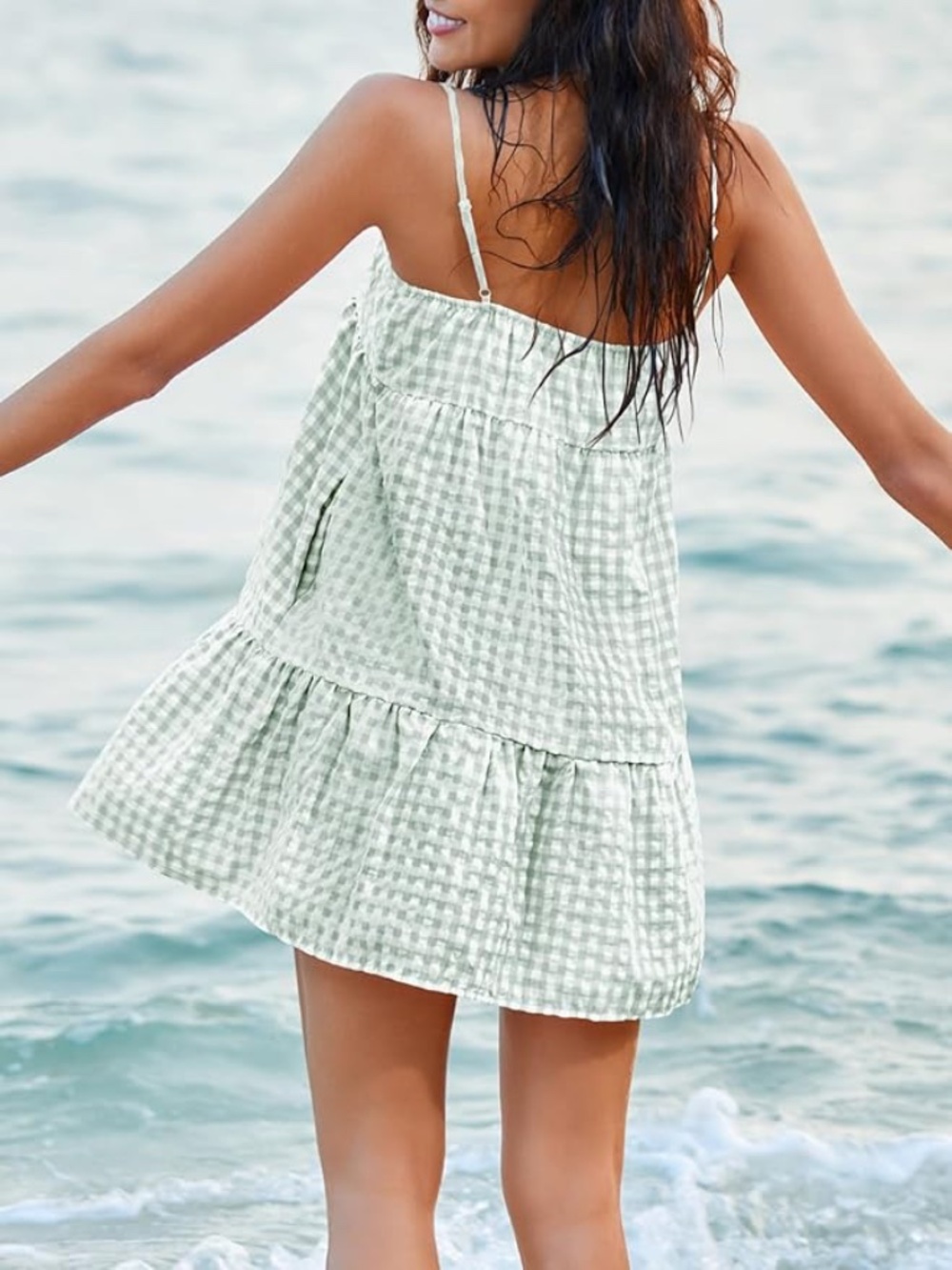 Light Green Gingham Tiered Sundress - Picture 4 of 10